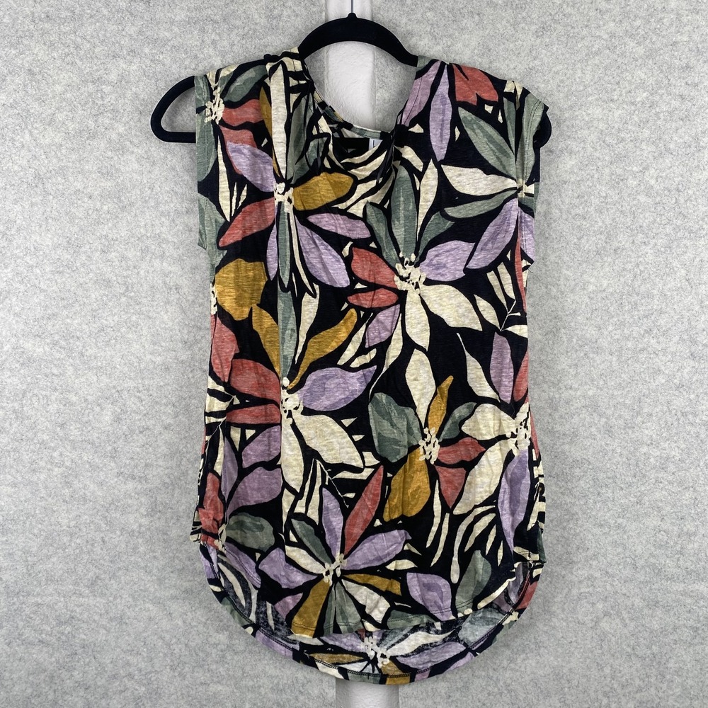 Nicole Miller Tank Top Womens Medium Multicolor Linen Floral Tunic Cap Sleeve